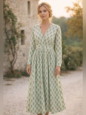 Turquoise Handcrafted India Block Print Cotton Maxi Dress Wrap Boho Prairie